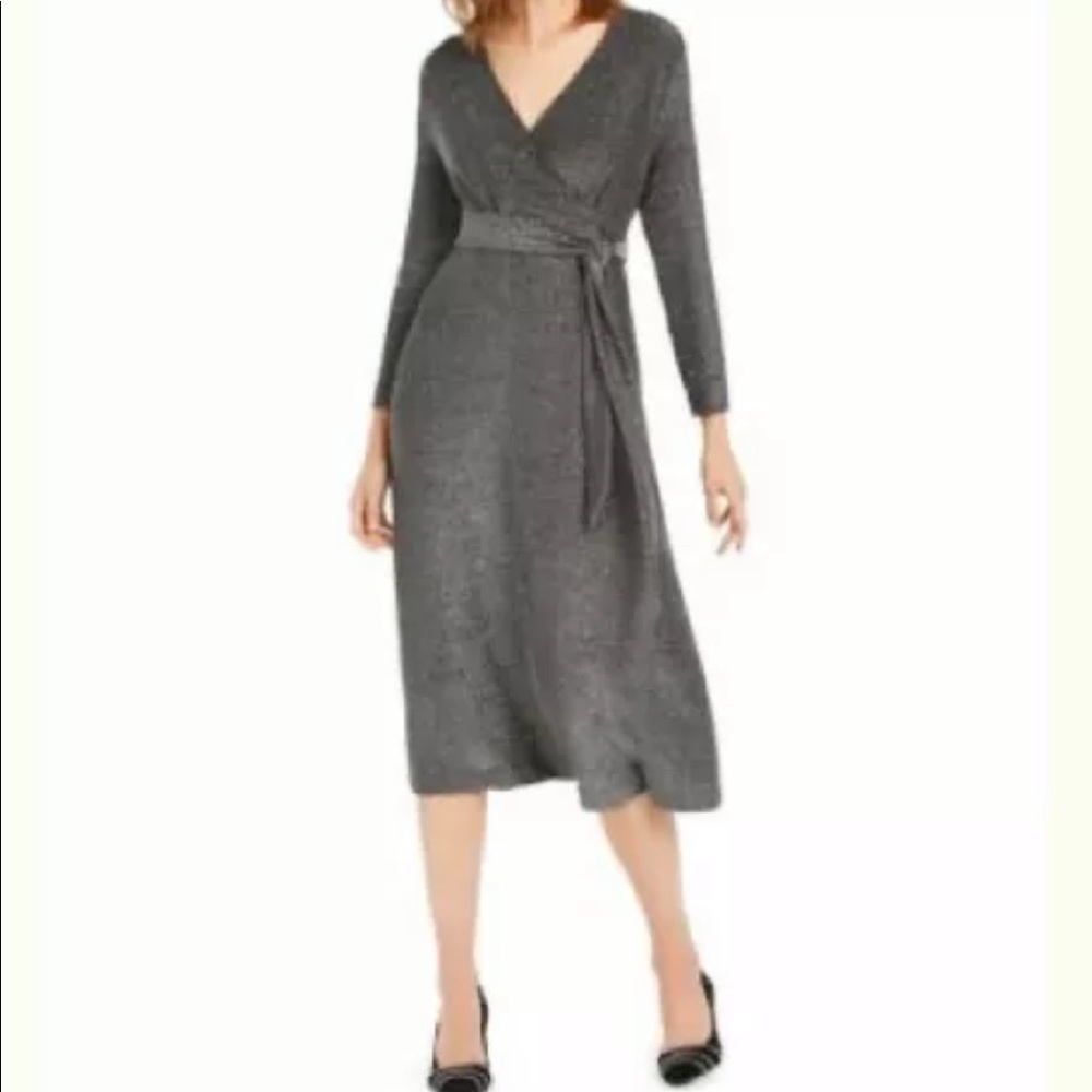 Alfani 3/4 Sleeve Faux Wrap Black Silver Dress M ( No belt included)